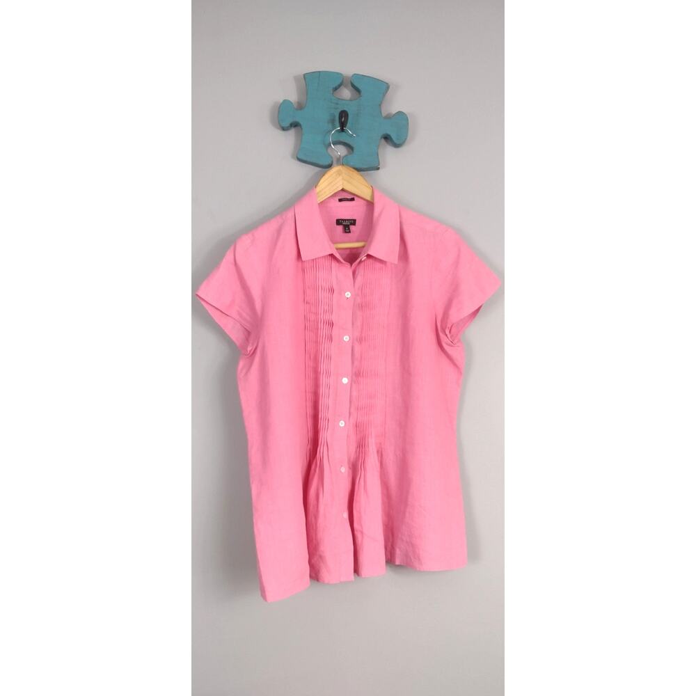 Talbots Pleated Pink Top 100% Linen Short Sleeve Medium